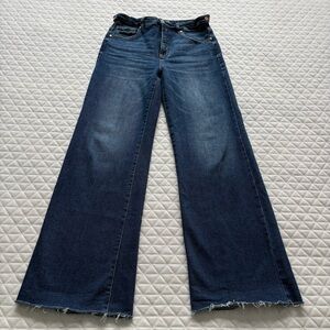 Risen Jeans Womens Size 5/27  Blue Denim Wide Leg Stretch Frayed Hem Cinch Waist